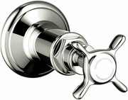 Polished nickel volume control trim with cross handle and circular escutcheon plate for shower or bath.