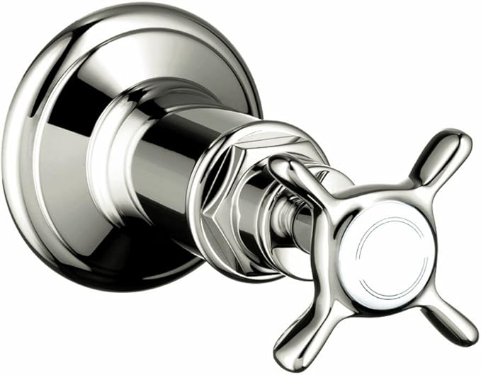 Polished nickel volume control trim with cross handle and circular escutcheon plate for shower or bath.