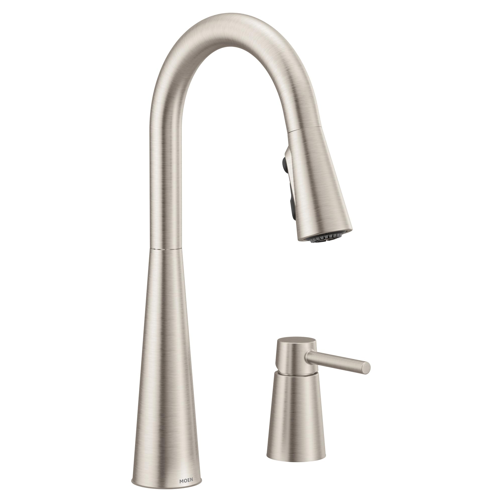 Stainless steel kitchen faucet with high arc spout, pull-down spray head, and separate single-lever handle.