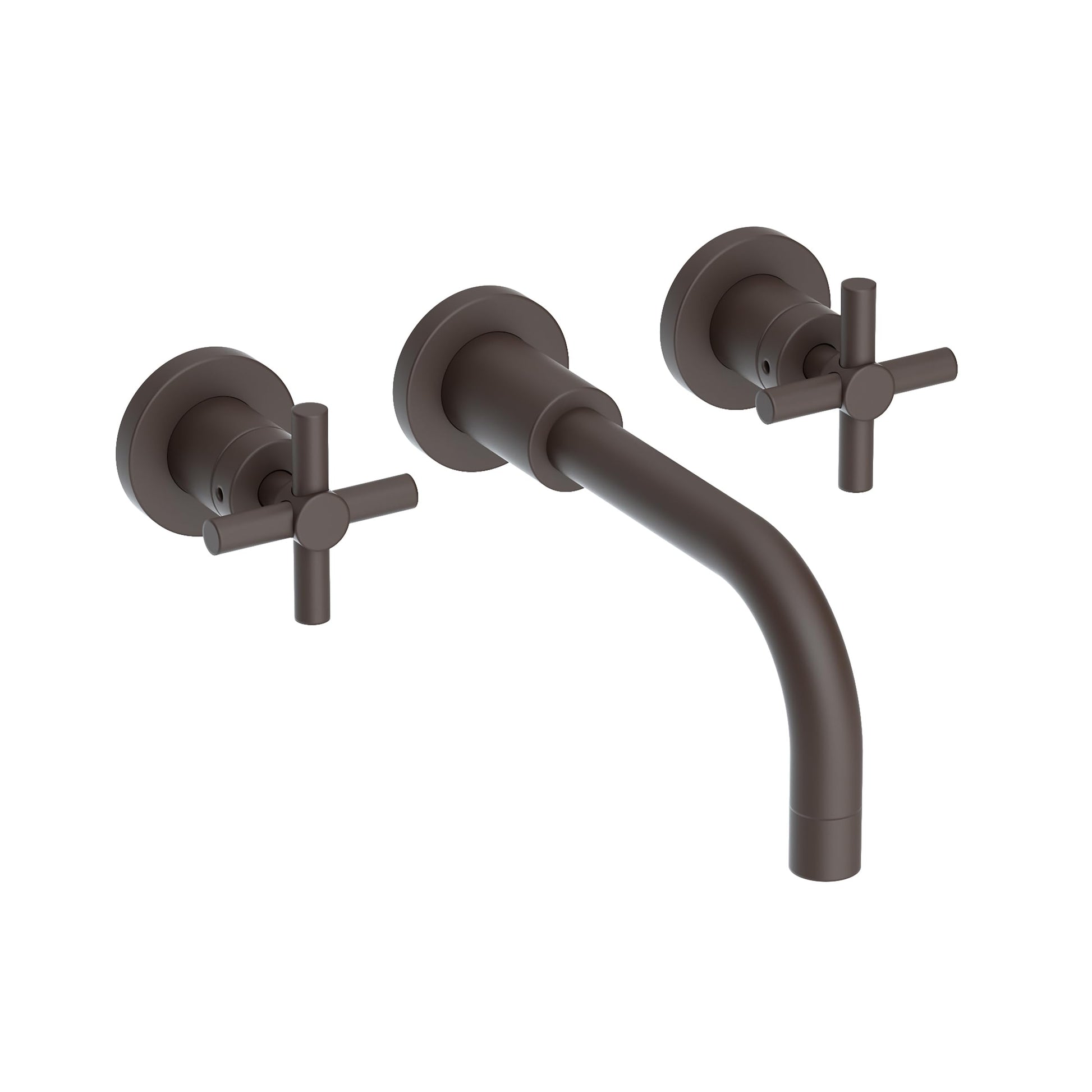 Oil rubbed bronze wall-mounted bathroom faucet with curved spout and two lever handles on round rosettes.