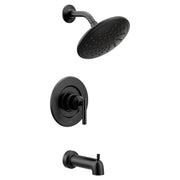 Matte black bathtub and shower trim kit with wide rain showerhead, valve handle, and tub spout.