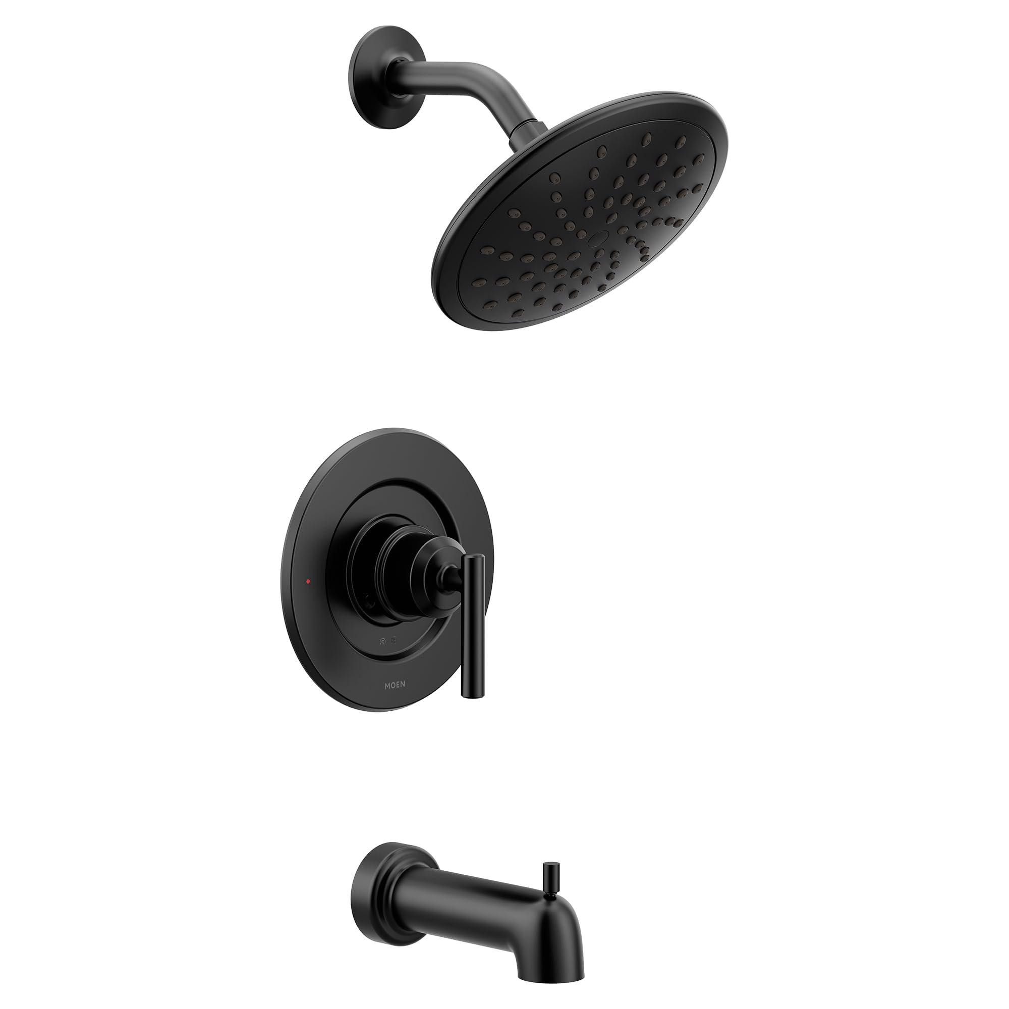 Matte black bathtub and shower trim kit with wide rain showerhead, valve handle, and tub spout.