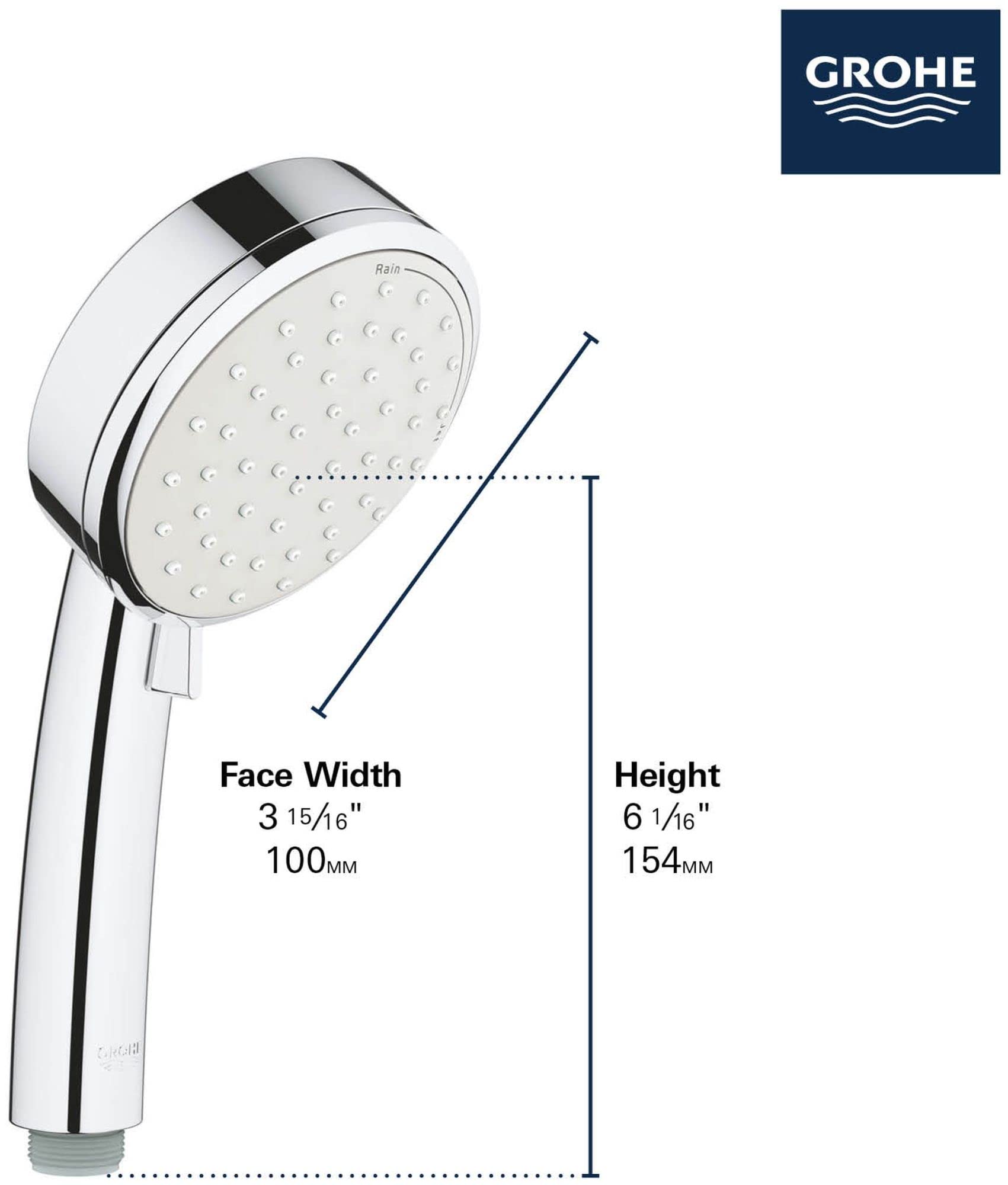 Chrome hand shower with circular spray head and white perforated face plate, attached to white handle with black accent band.