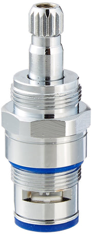 Chrome-plated faucet cartridge with threaded inlet, hexagonal body, and blue seal rings for right-hand operation.