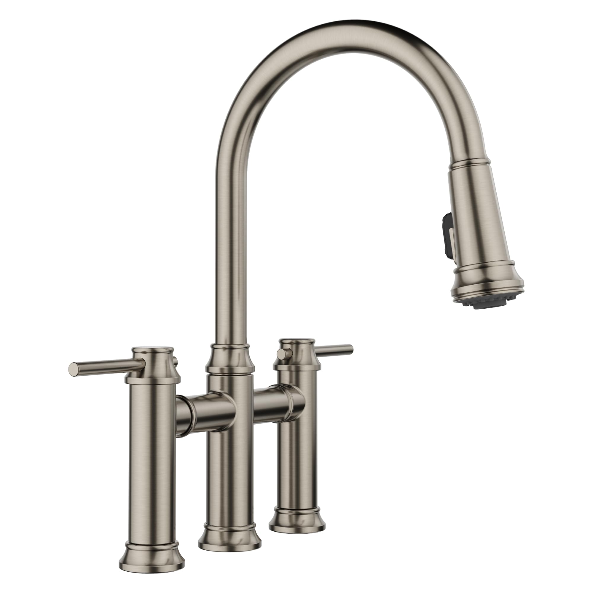 Satin platinum bridge faucet with high curved spout, pull-down spray head, and dual lever handles.