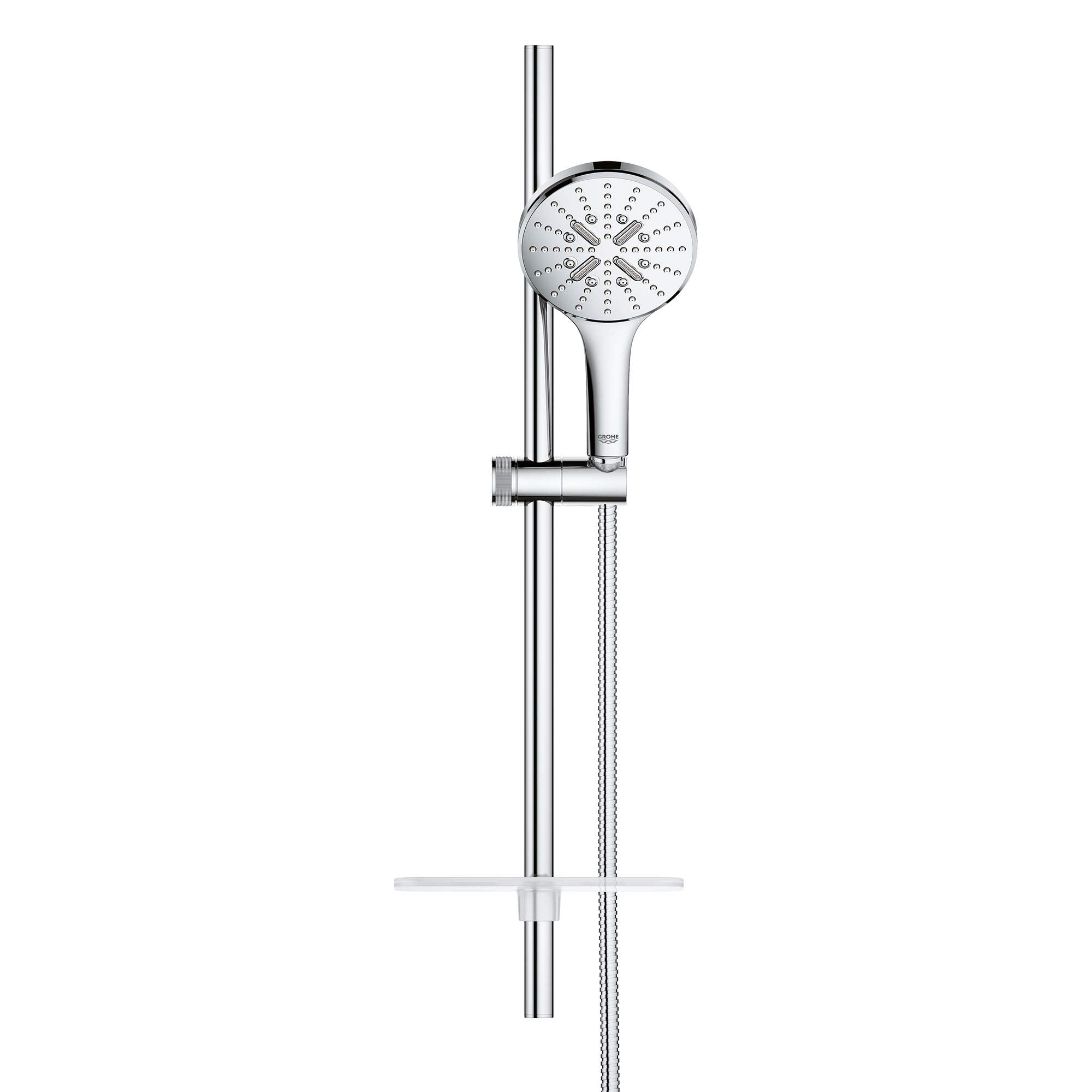 Chrome shower slide bar kit with round showerhead, adjustable holder, and shelf mounted on vertical rail.