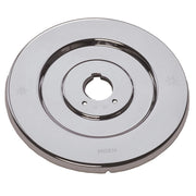 Round chrome escutcheon trim with concentric rings and center mounting hole for single handle faucet.