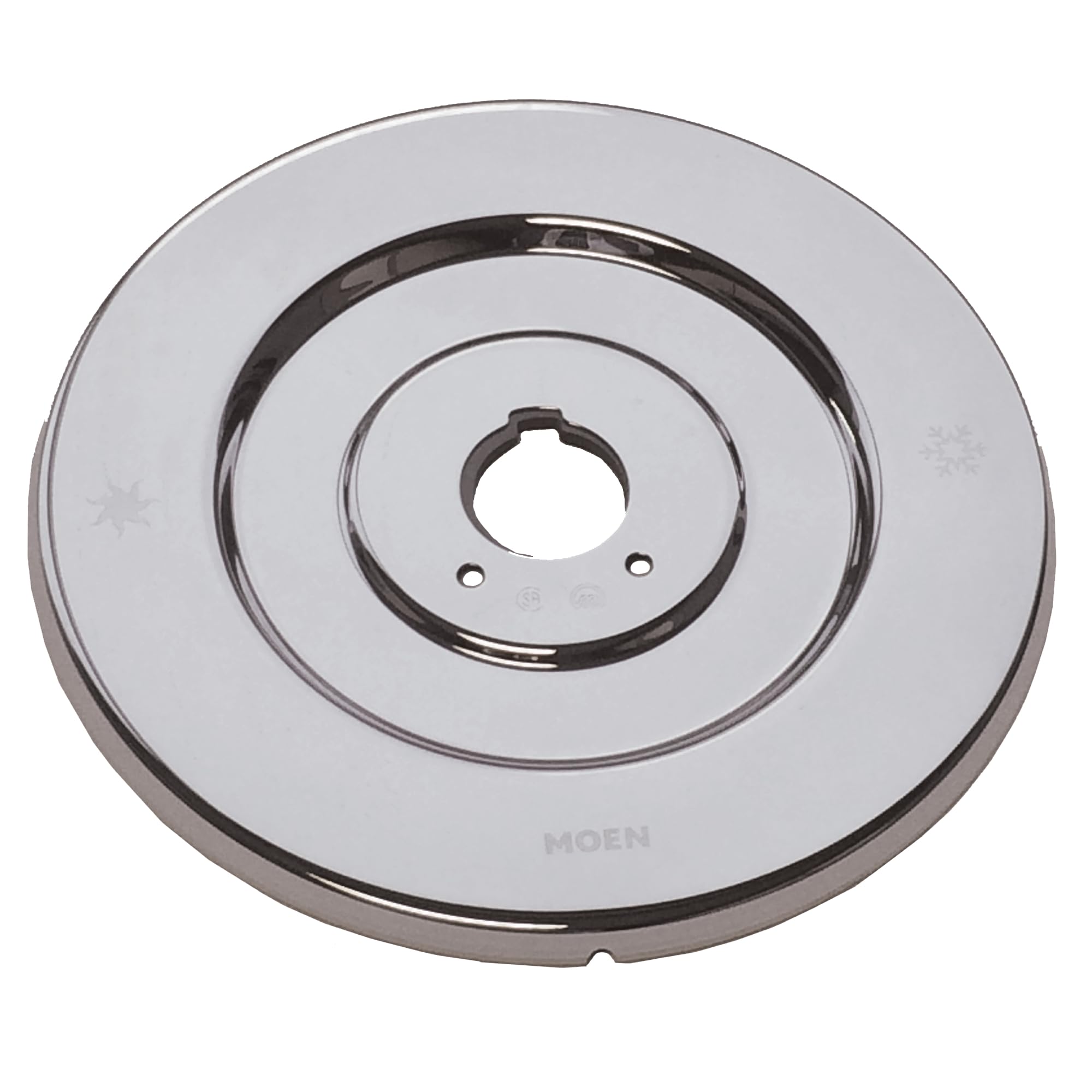 Round chrome escutcheon trim with concentric rings and center mounting hole for single handle faucet.