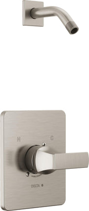 Stainless steel shower trim with curved arm spout and rectangular escutcheon plate with single lever handle and temperature c