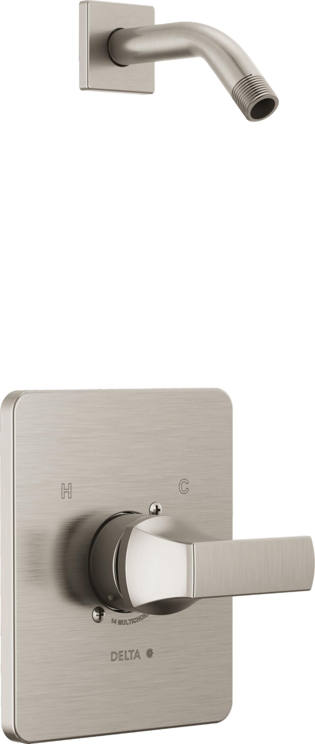 Stainless steel shower trim with curved arm spout and rectangular escutcheon plate with single lever handle and temperature c