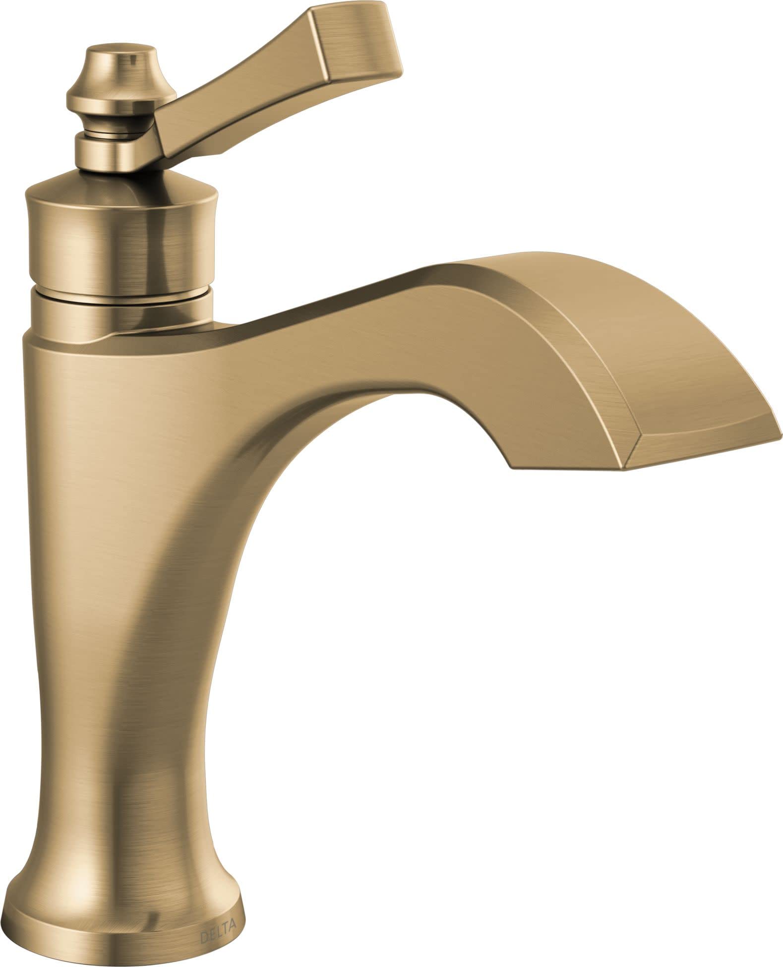 Brushed gold single-handle bathroom faucet with curved spout and lever control, featuring cylindrical base.