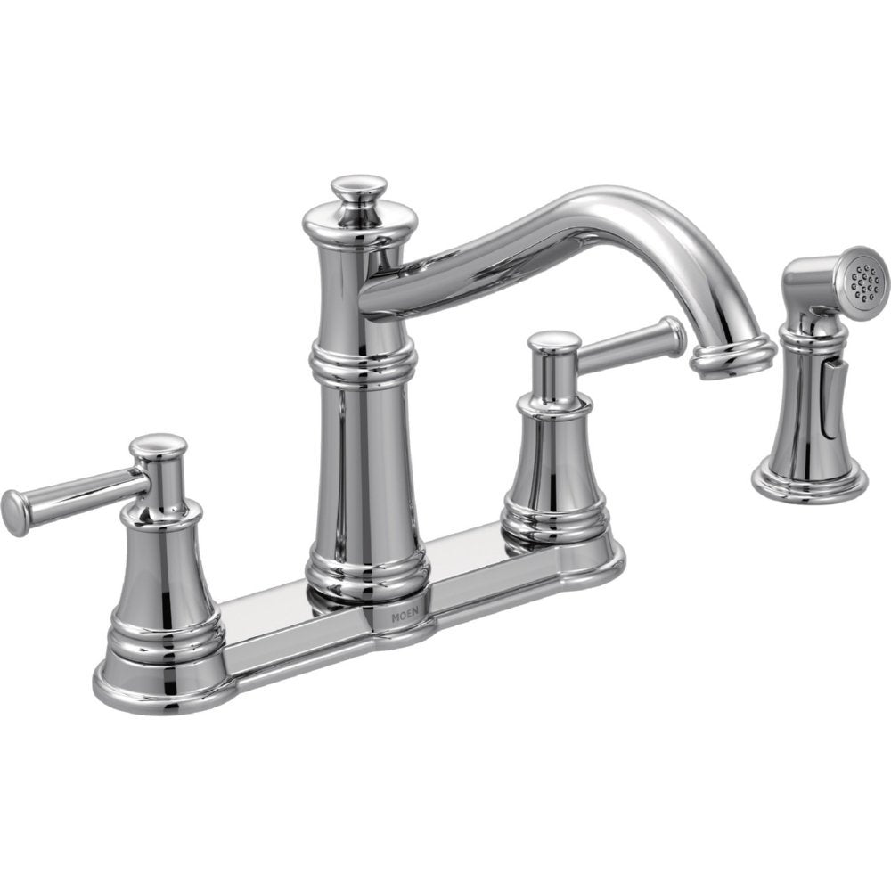Chrome two-handle kitchen faucet with high arc spout, side spray, and traditional design.