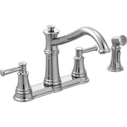 Chrome two-handle kitchen faucet with high arc spout, side spray, and traditional design.