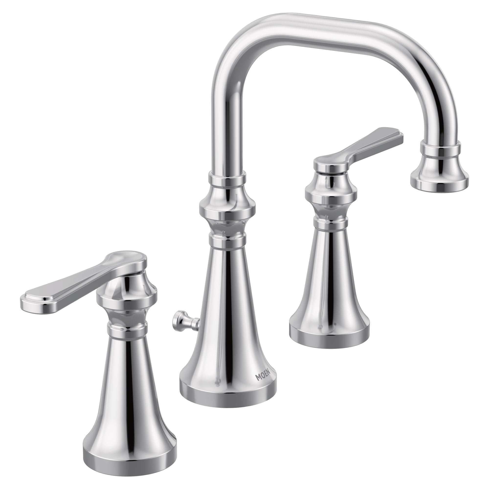 Chrome widespread bathroom faucet with high arc spout and two lever handles on conical bases.
