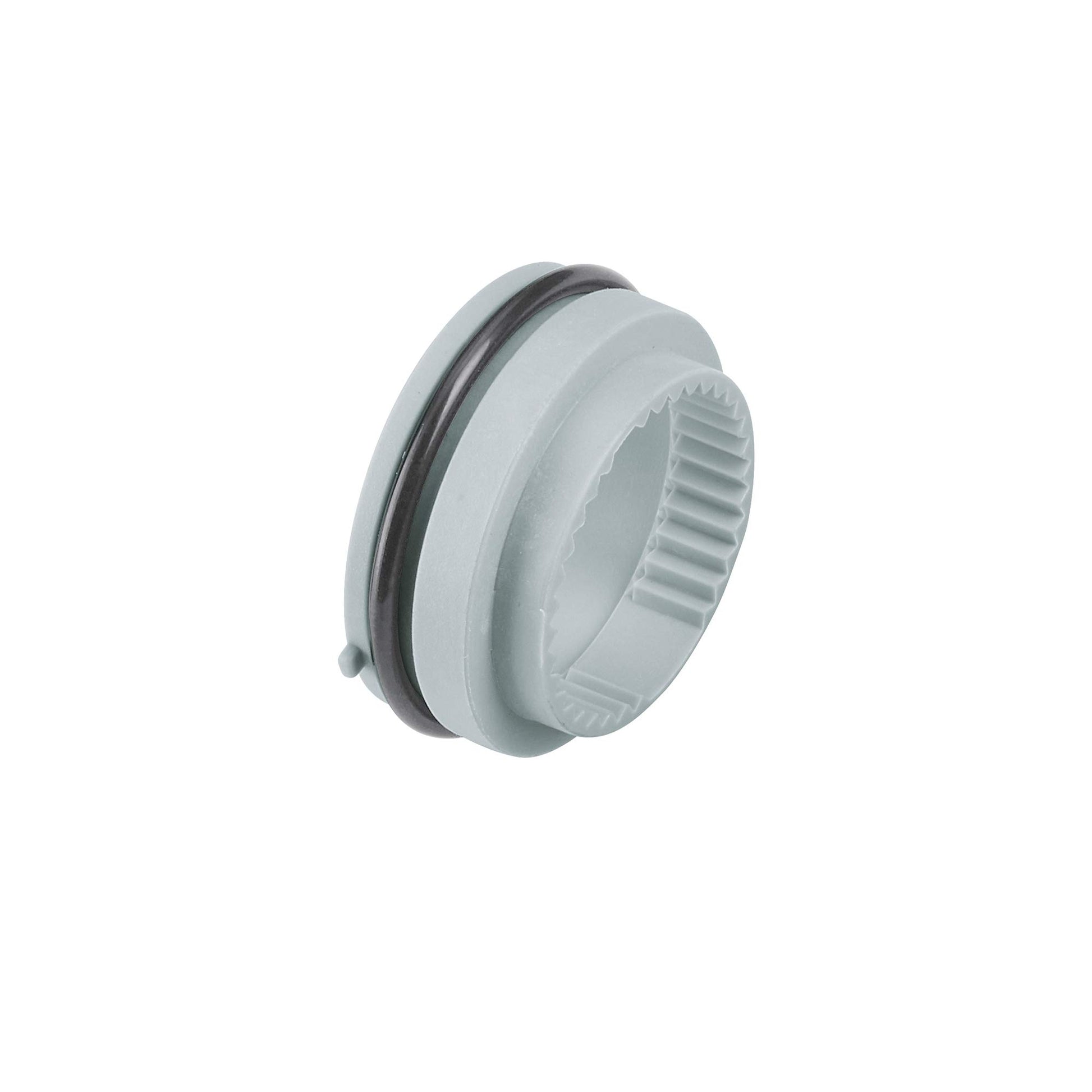 Chrome stop ring with internal grooved teeth and dark rubber seal band for Grohe thermostatic valve.