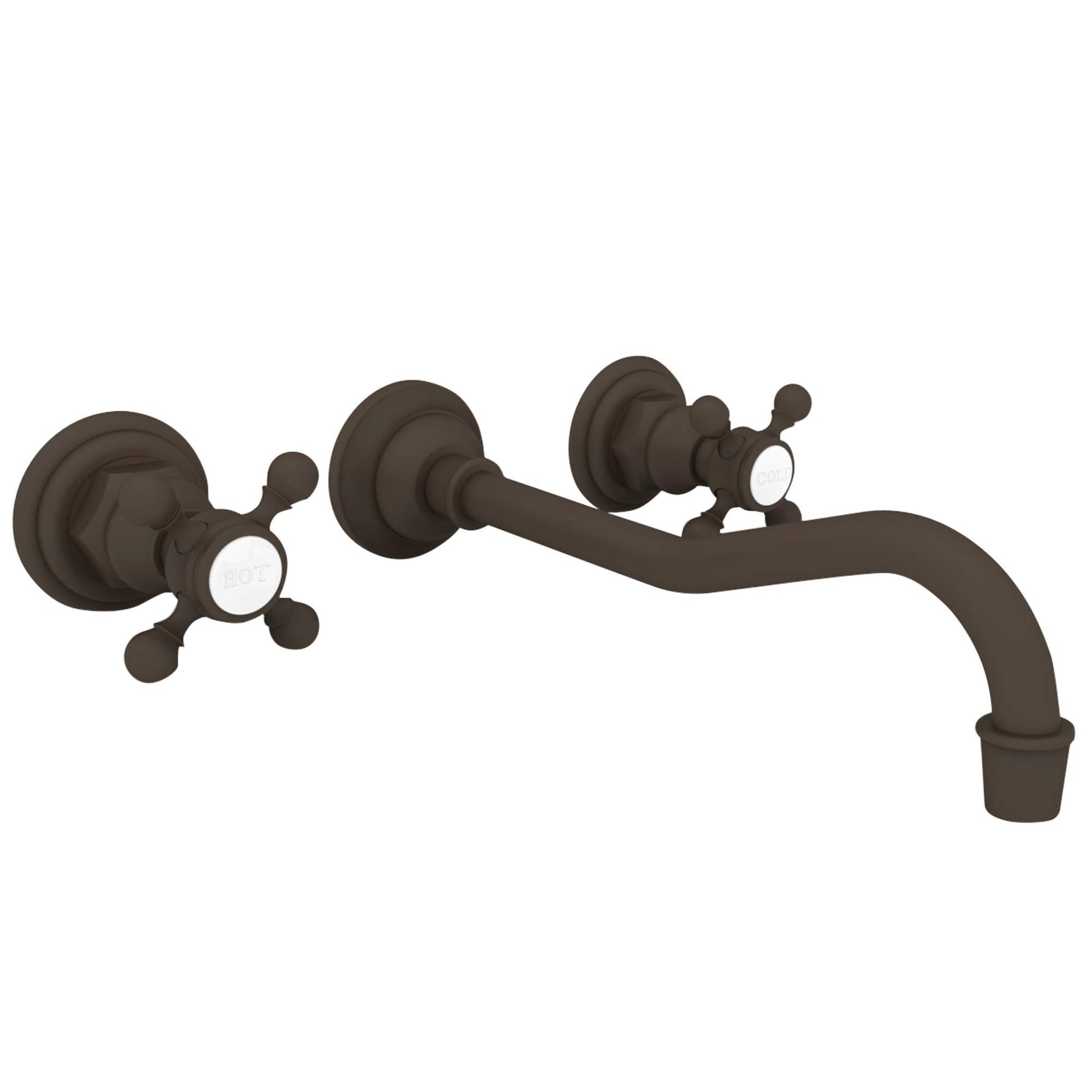 Oil rubbed bronze wall-mounted bathroom faucet with two cross handles and curved spout.