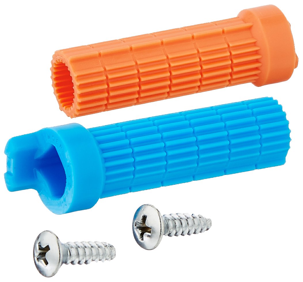 Orange and blue plastic adapter sleeves with two chrome Phillips head screws.