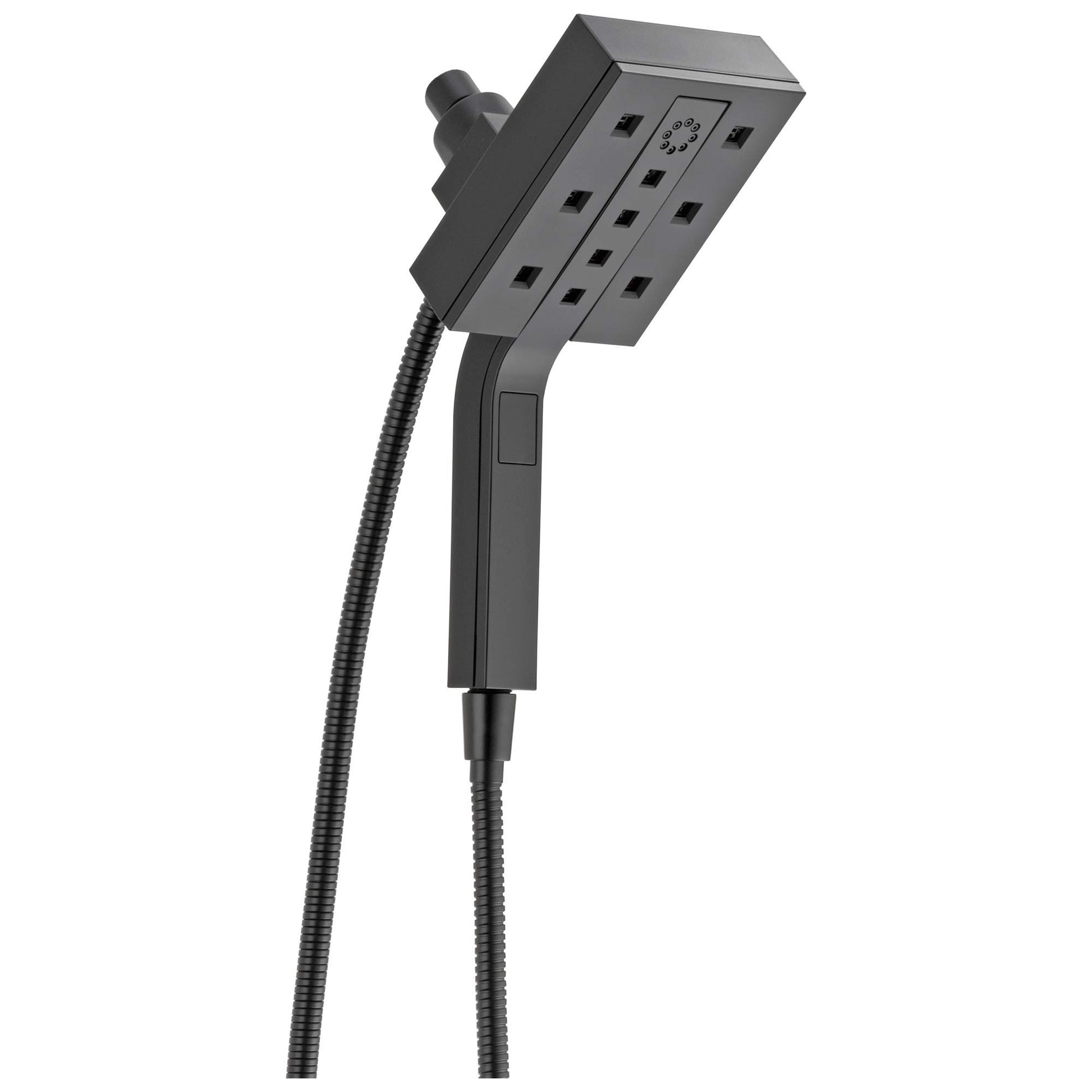 Black square shower head with multiple spray outlets and dial control, attached to handheld wand via hose.