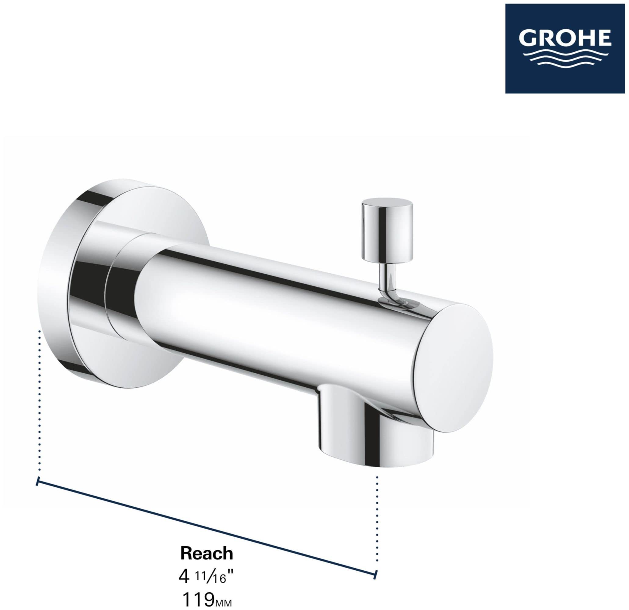Polished chrome cylindrical tub spout with diverter lever and wall-mounted flange.