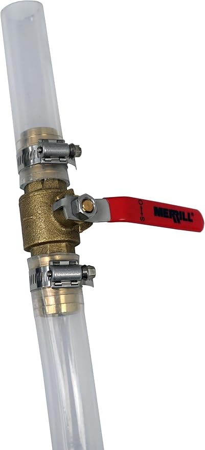 Brass ball valve with red lever handle and two clear plastic pipe connectors with hose clamps attached to vertical piping.