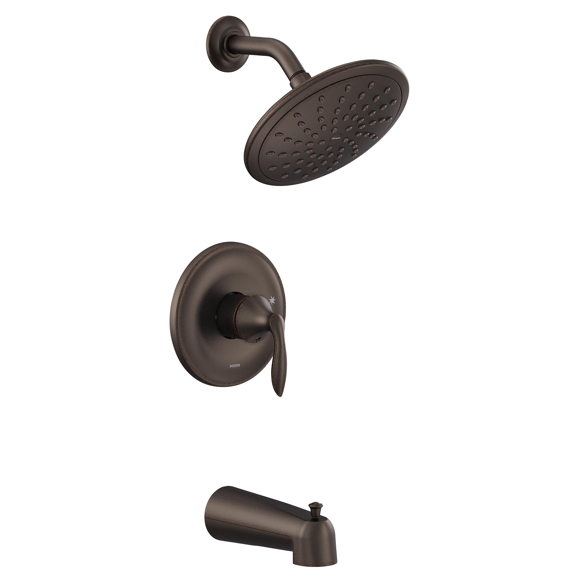 Oil rubbed bronze tub and shower trim kit with single lever handle, showerhead, and tub spout.