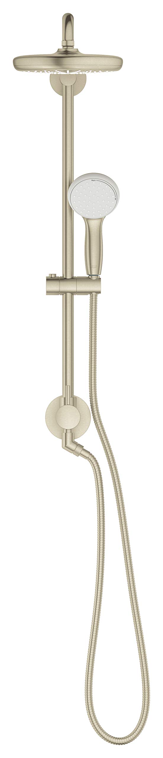 Brushed nickel shower system with overhead rainfall head, handheld sprayer, vertical rail, and control valve.