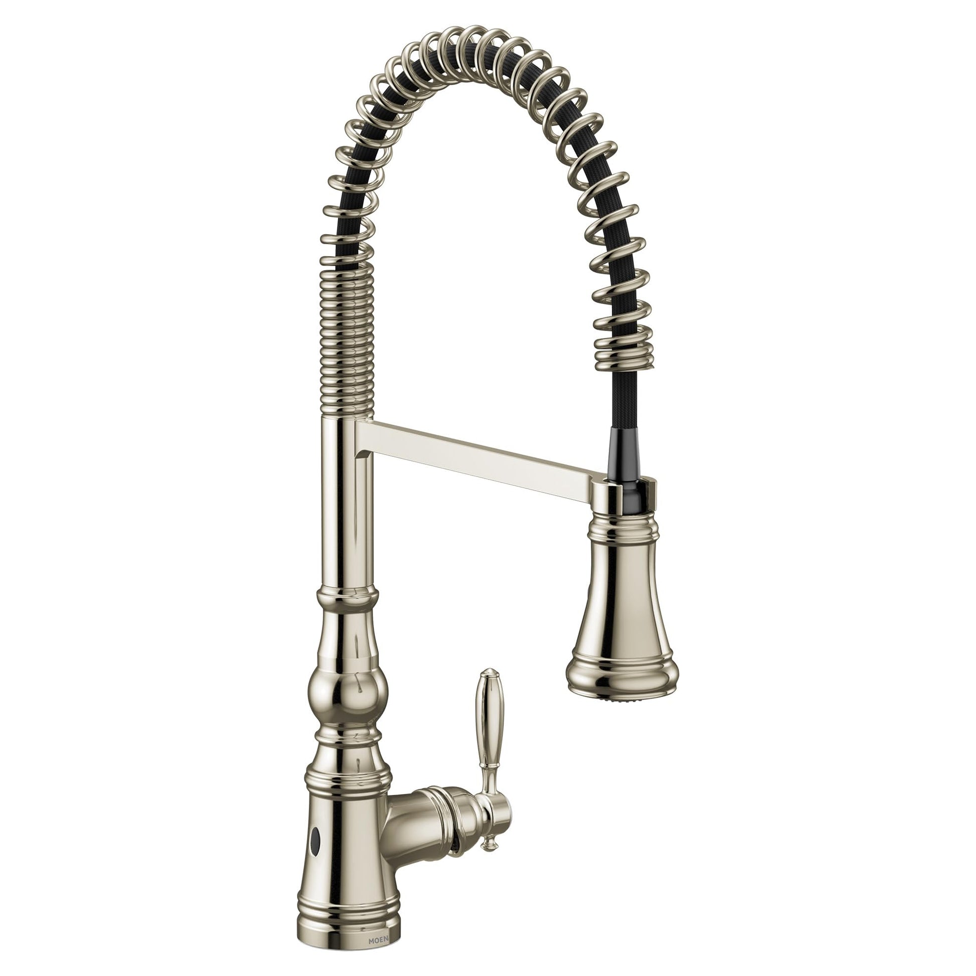 Polished nickel kitchen faucet with coiled spring spout and pull-down sprayer head.