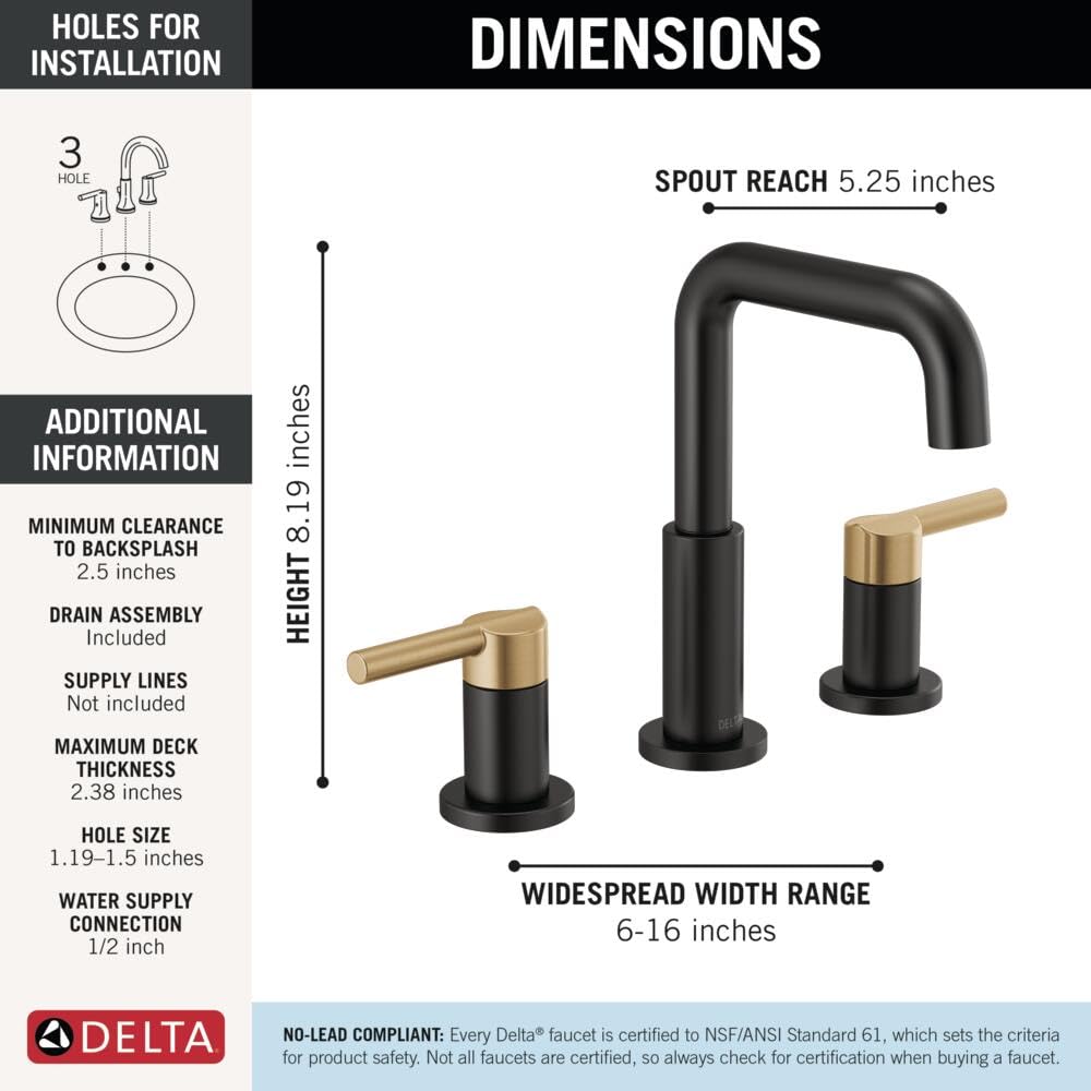 Two-handle widespread bathroom faucet in matte black and champagne bronze with curved spout and lever handles.