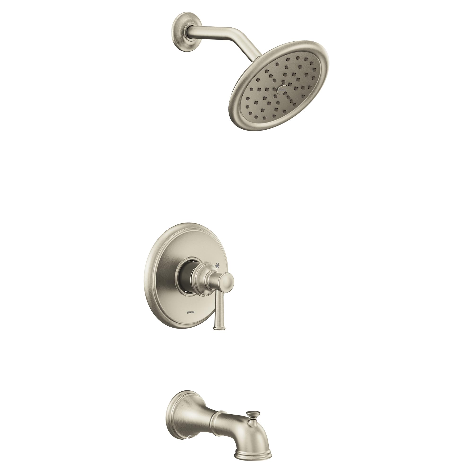 Brushed nickel tub and shower trim kit with single handle, showerhead, and tub spout.