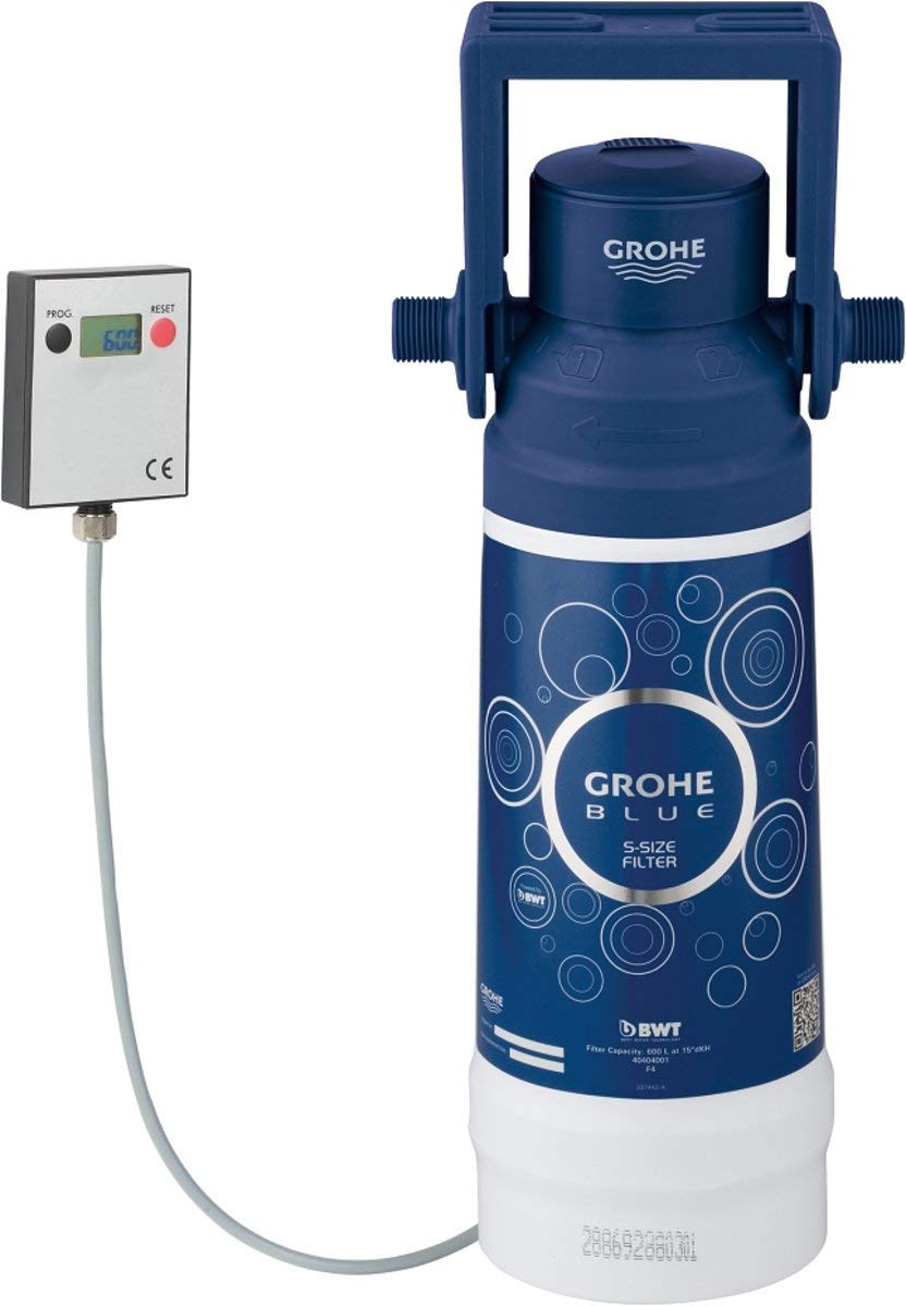 Grohe Blue S-size filter cartridge with blue head and chrome connections, includes digital meter display unit.