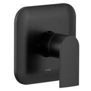 Matte black single-handle shower trim kit with rectangular backplate and cylindrical lever handle.