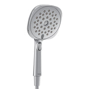 Chrome handheld shower head with square 5-inch diameter spray face and grip handle with dial control button.