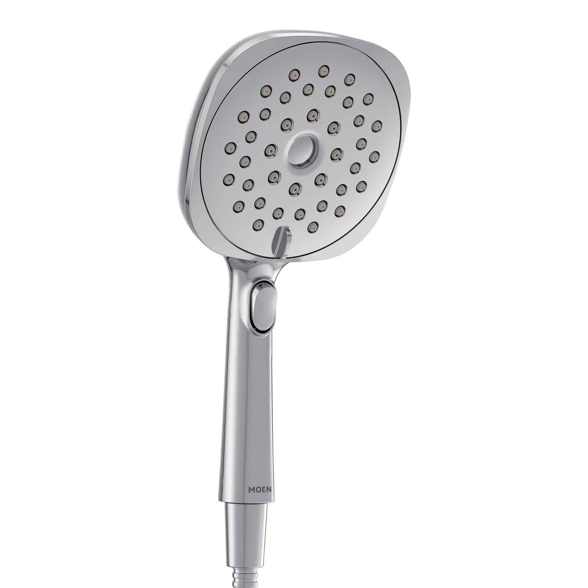 Chrome handheld shower head with square 5-inch diameter spray face and grip handle with dial control button.