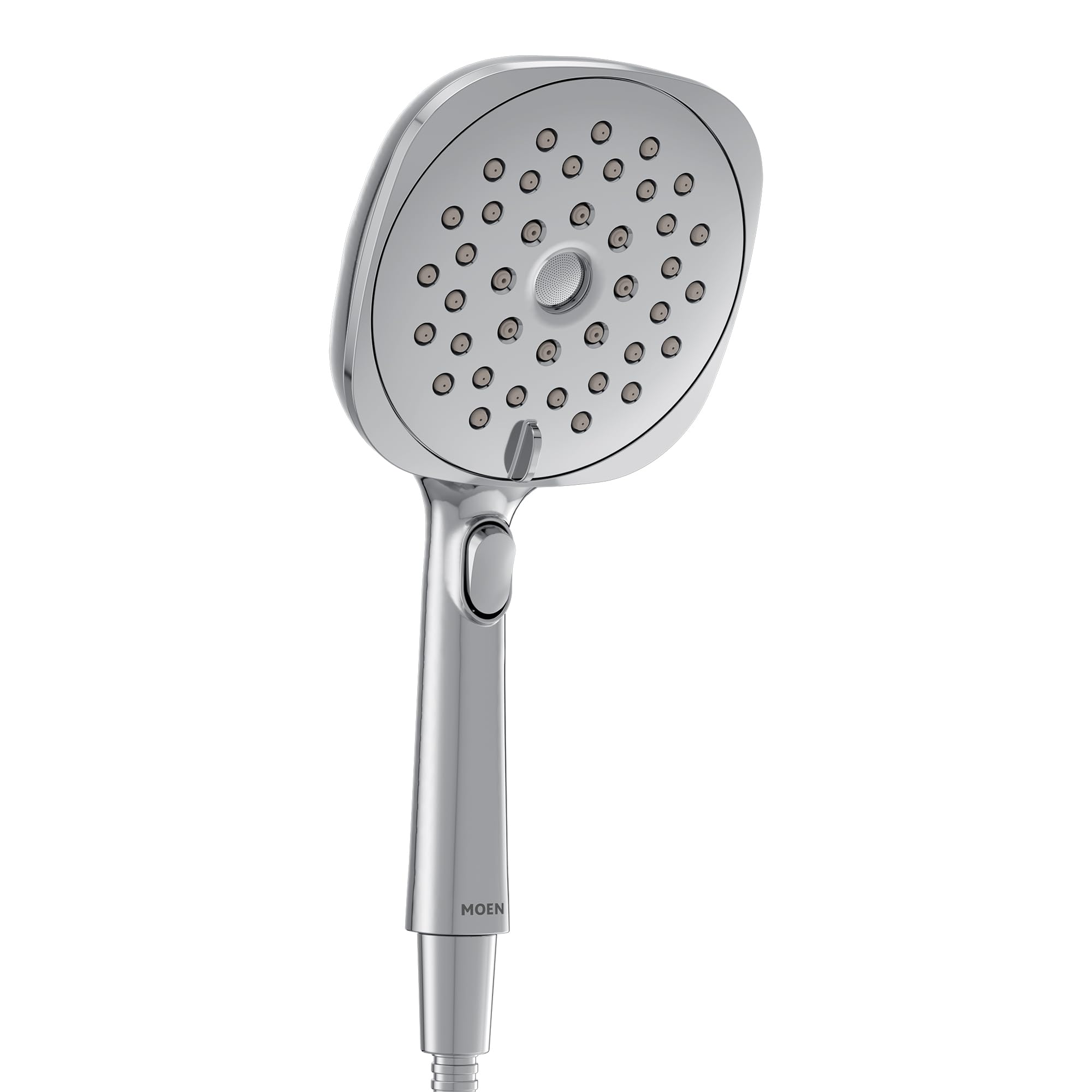 Chrome handheld shower head with square 5-inch diameter spray face and grip handle with dial control button.