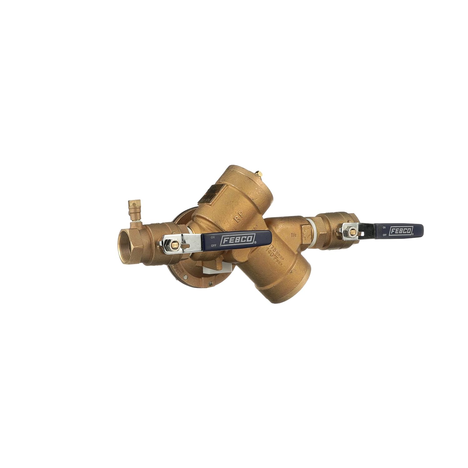 Bronze backflow preventer valve with two black handle shutoff controls and internal check mechanism.