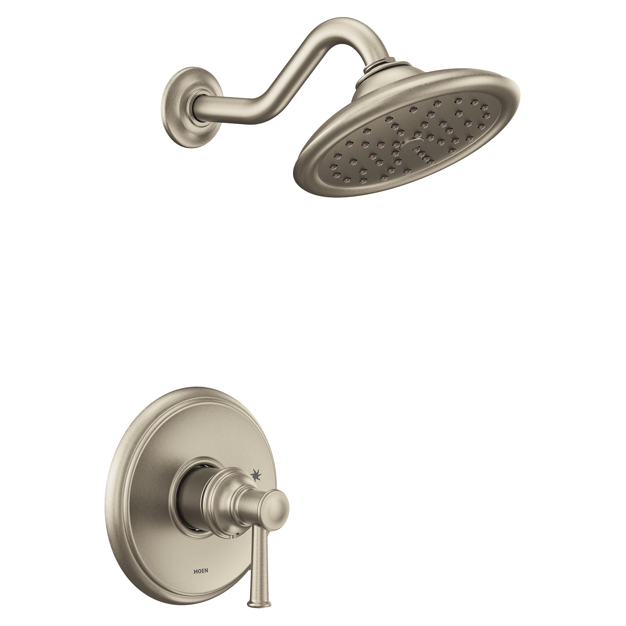 Brushed nickel shower trim kit with curved wall arm, round showerhead with perforations, and single-handle valve with circula