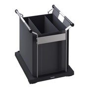 Black sink organizer with multiple compartments, metal handles, and a pull-out drawer insert.