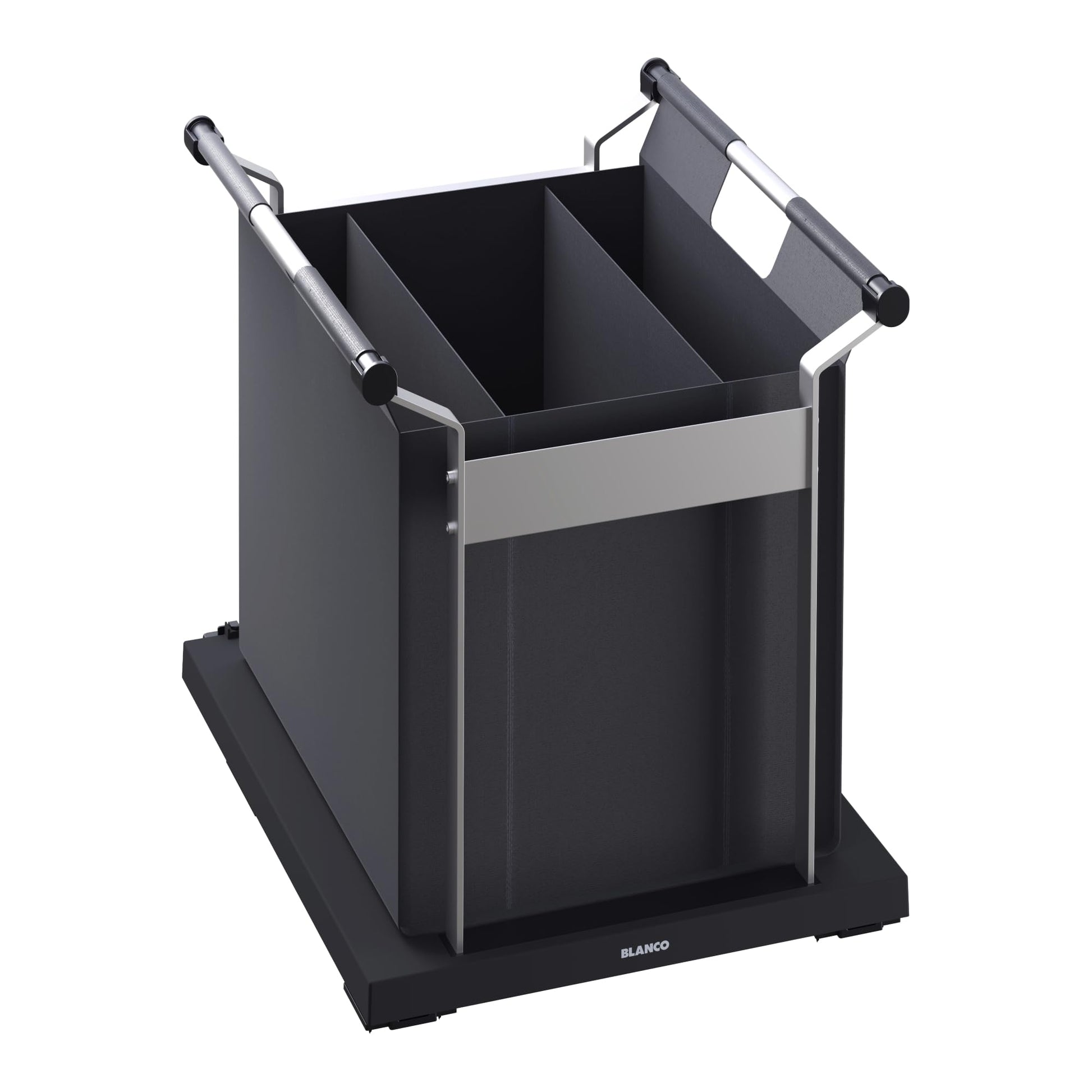 Black sink organizer with multiple compartments, metal handles, and a pull-out drawer insert.
