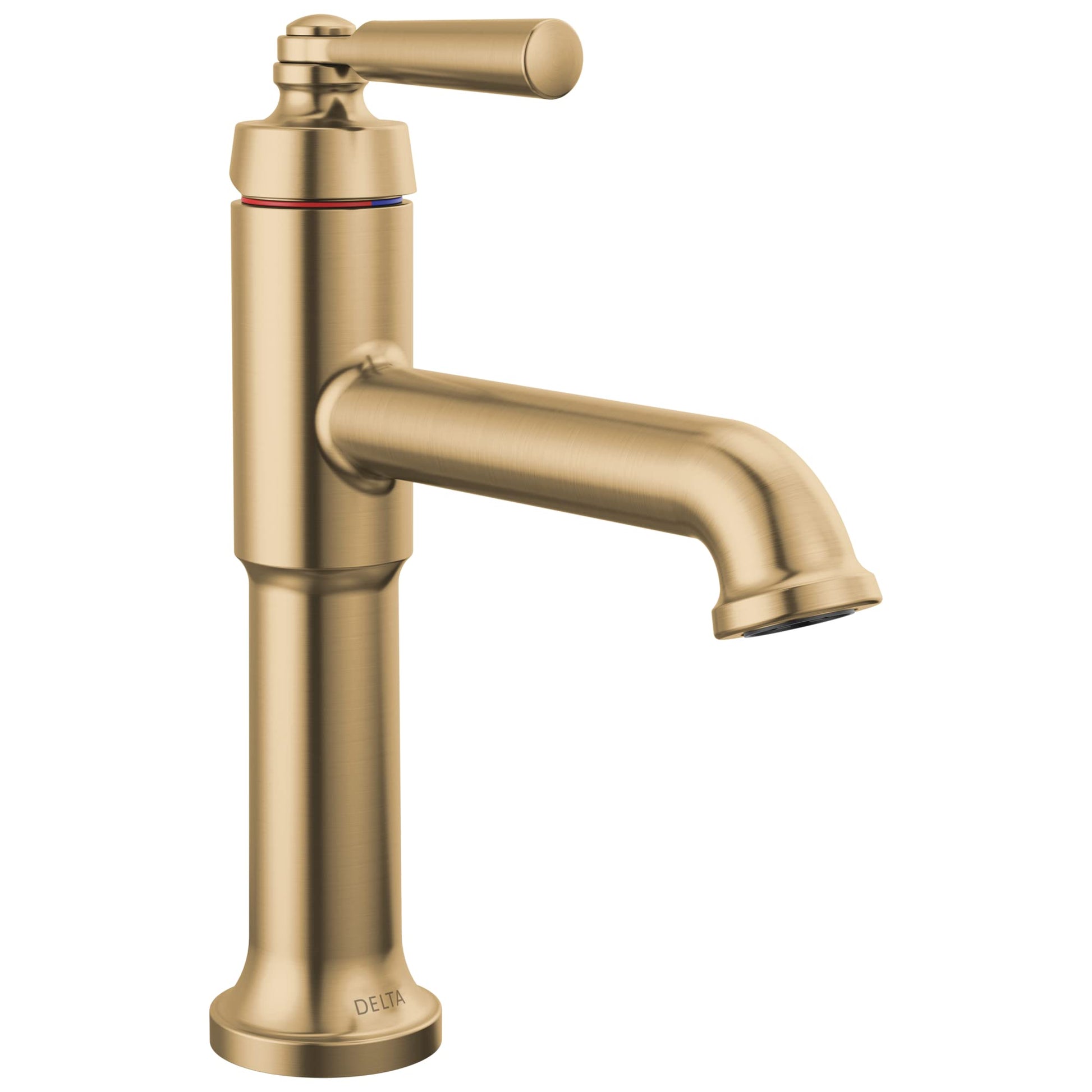 Champagne bronze single-handle bathroom faucet with cylindrical body, curved spout, and lever handle.