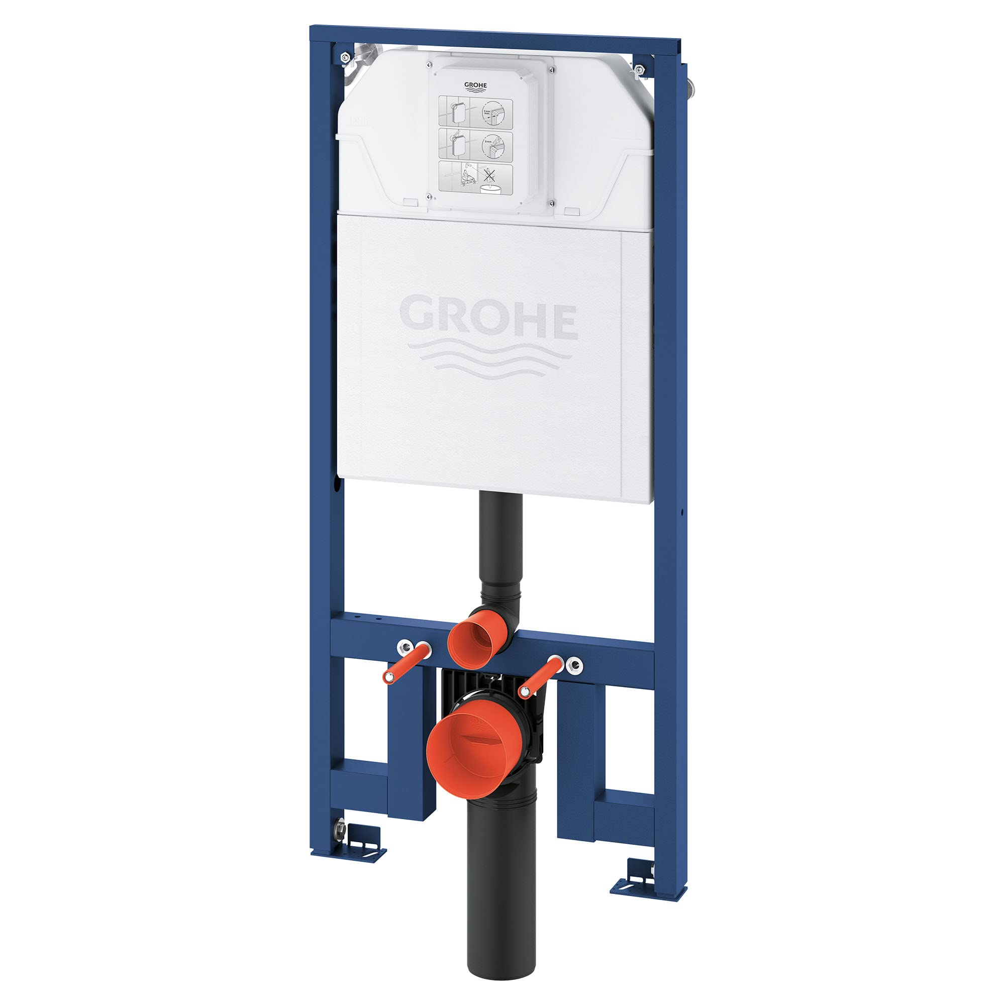 Grohe Rapid SL slim in-wall toilet carrier with blue steel frame, white control panel, and red connection fittings.