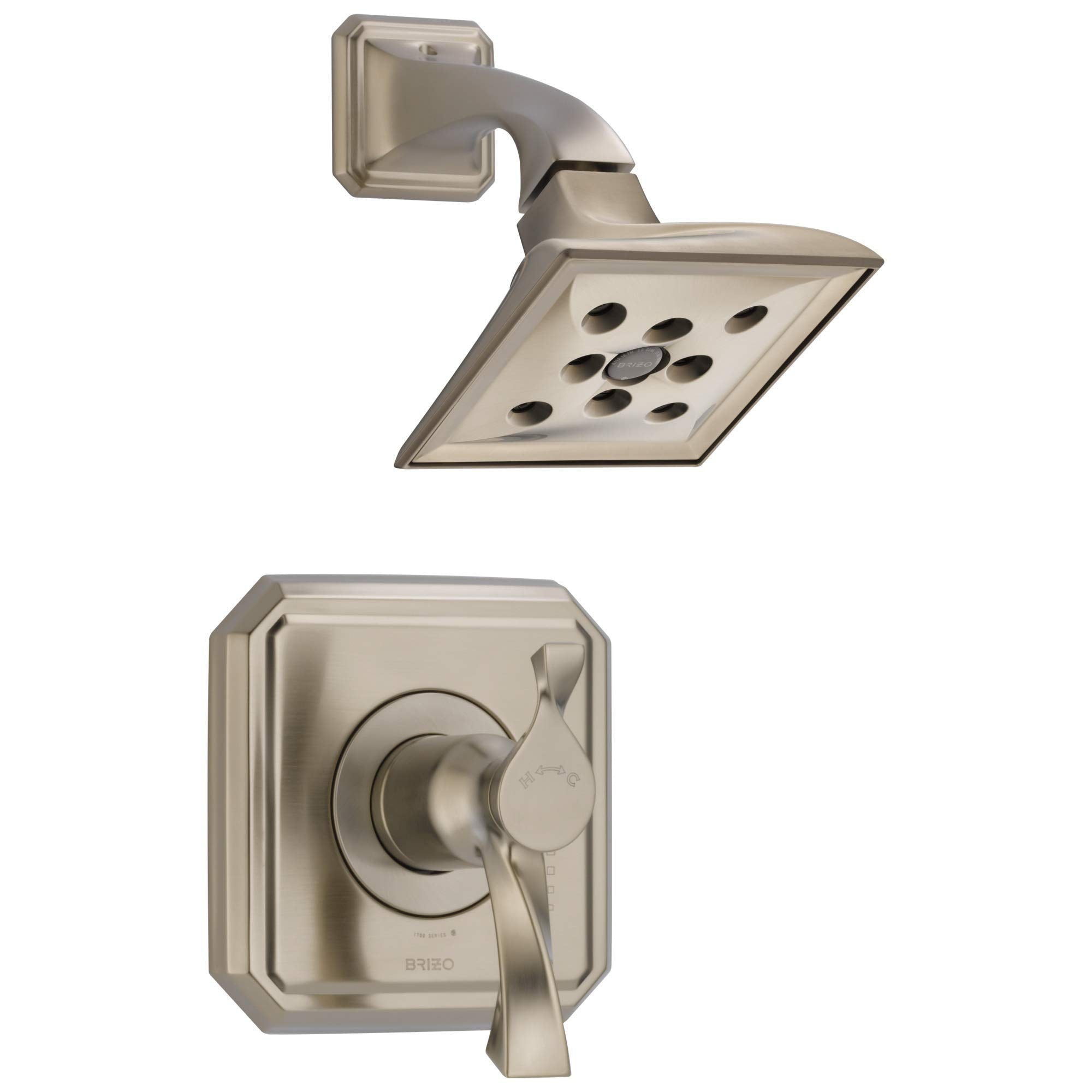 Brushed nickel thermostatic shower fixture with square showerhead and wall-mounted control valve.
