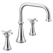 Chrome roman tub faucet with two cross handles and curved spout for deck mount installation.