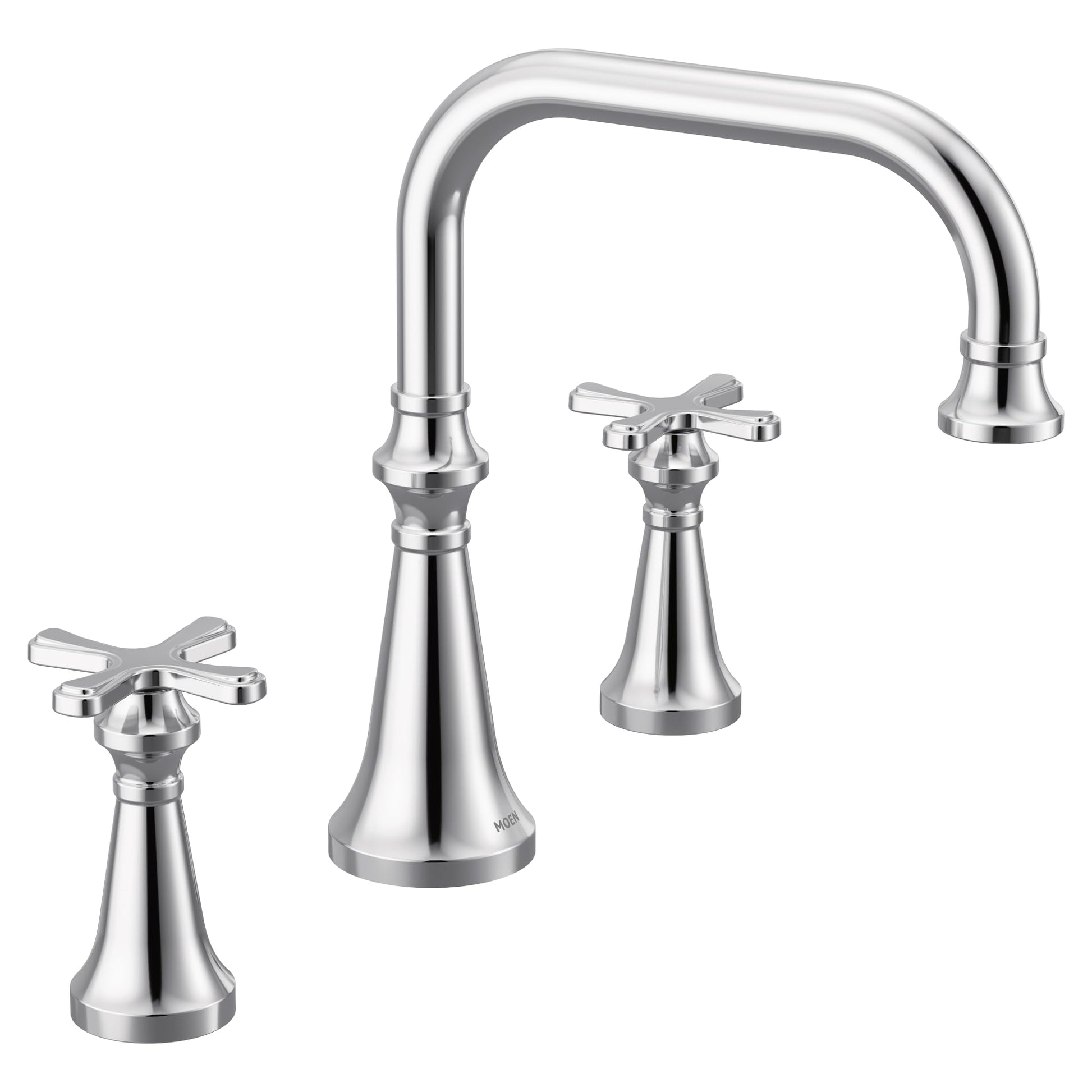 Chrome roman tub faucet with two cross handles and curved spout for deck mount installation.