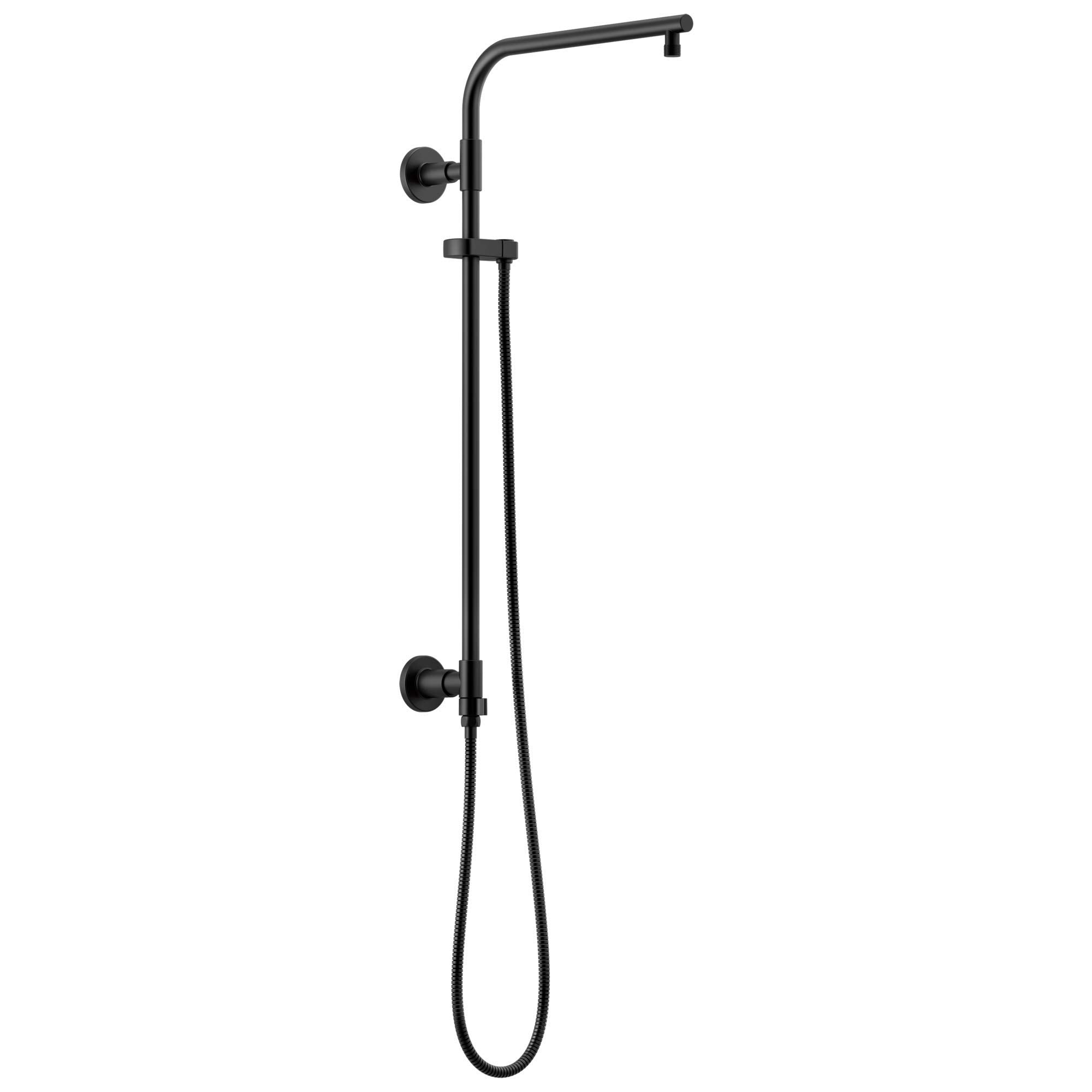 Black matte shower column with overhead rainfall head, curved arm, and hand shower on slide bar with hose.