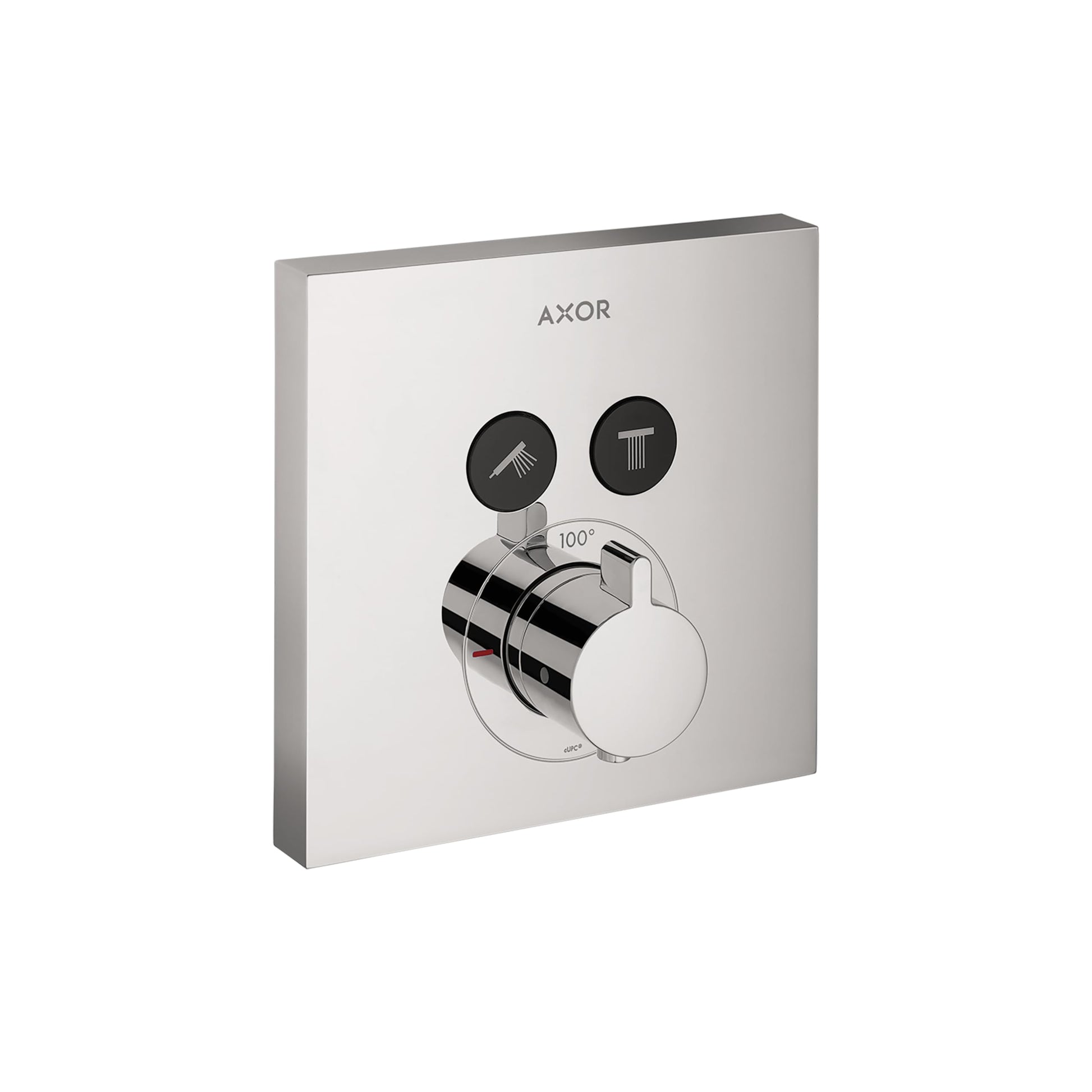 AXOR ShowerSelect thermostatic valve trim with square chrome finish, two function buttons, and round temperature control dial