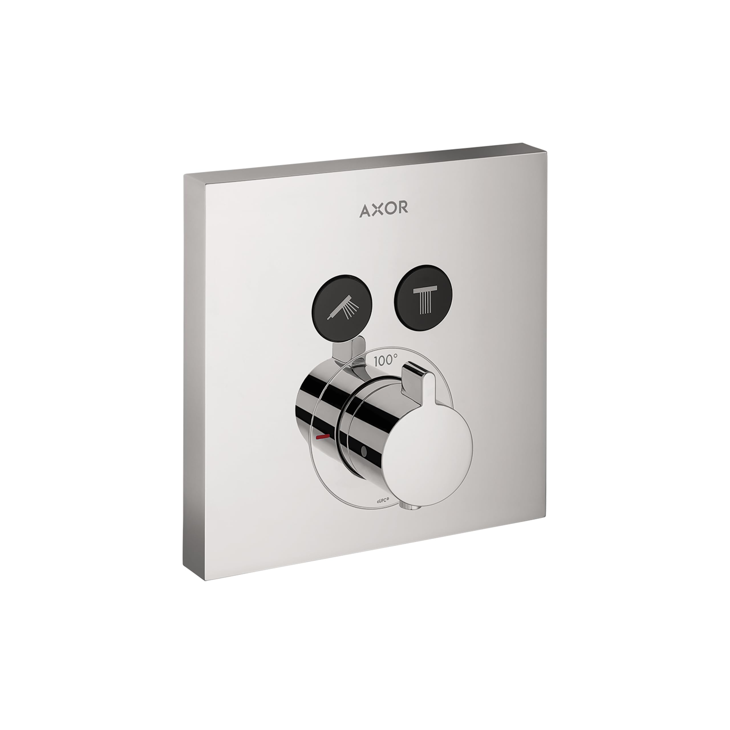 AXOR ShowerSelect thermostatic valve trim with square chrome finish, two function buttons, and round temperature control dial