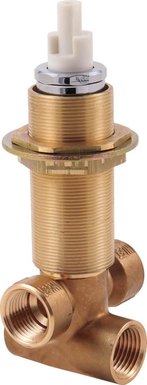 Chrome and brass transfer valve with white plastic cartridge stem and three threaded ports for plumbing installation.