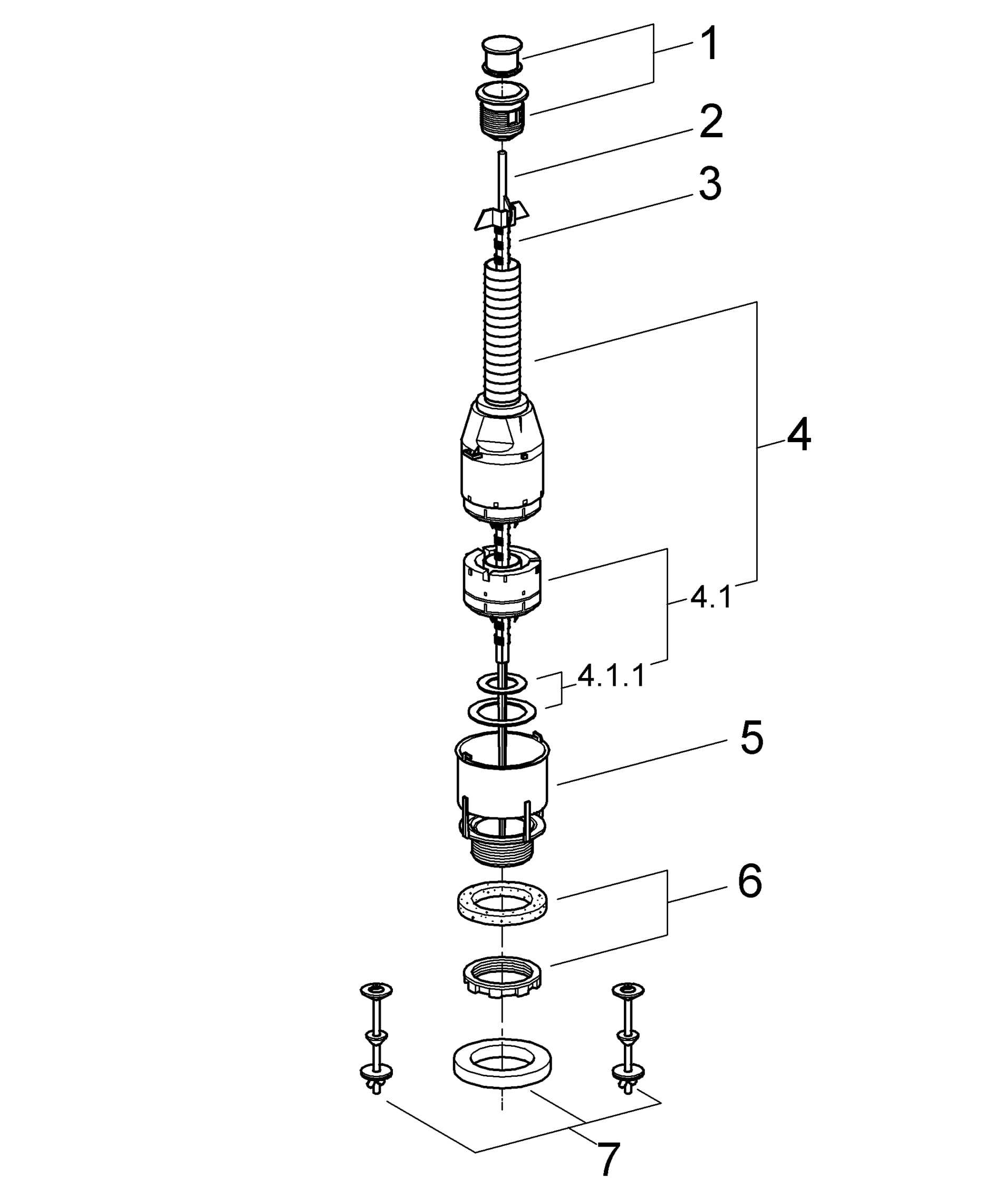 Exploded diagram of Grohe servo discharge valve assembly showing matte chrome components and internal parts.
