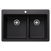 Coal black dual-mount sink with two bowls separated by low divide and chrome drain fittings.