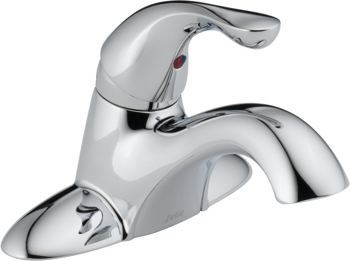 Chrome single-handle bathroom faucet with curved spout and red temperature indicator button.